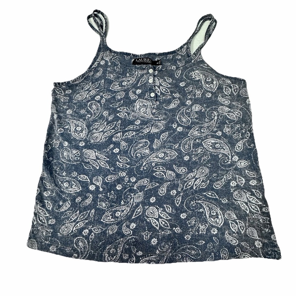 Lauren Ralph Lauren Pajama Top XS Blue Paisley Henley Tank Sleeveless Logo